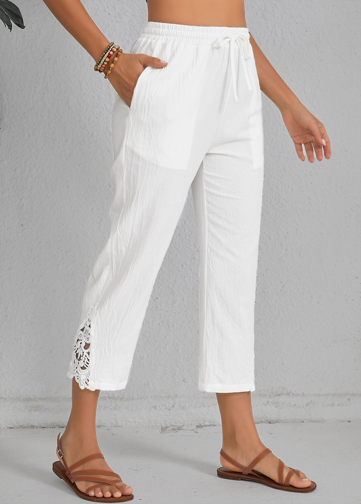 Modlily White Patchwork Elastic Waist High Waisted Capri Pants - S