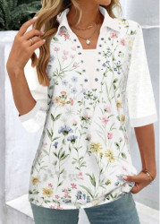 Modlily White Patchwork Floral Print Half Sleeve Shirt Collar Blouse - L