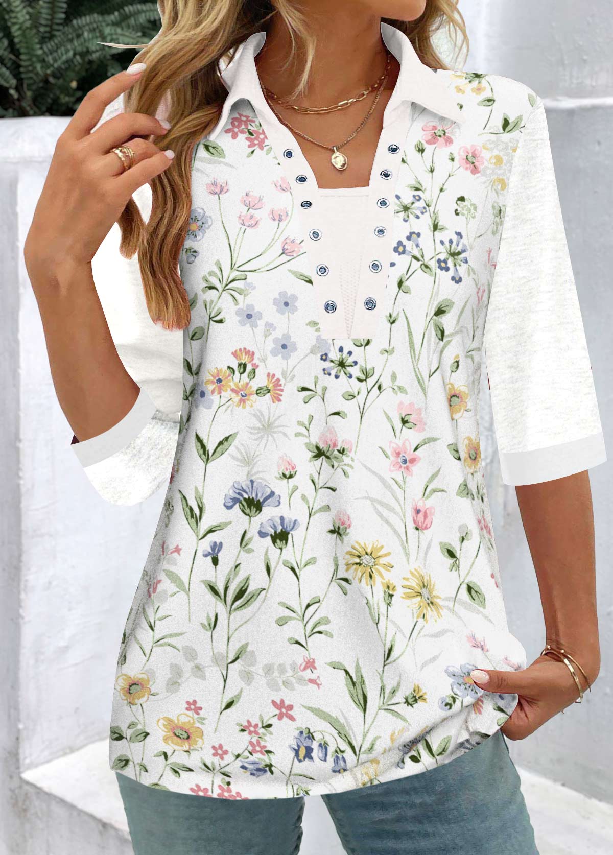 Modlily White Patchwork Floral Print Half Sleeve Shirt Collar Blouse - XXL