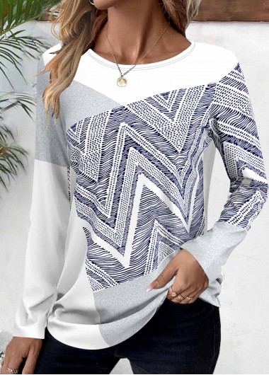 Modlily White Patchwork Geometric Print Long Sleeve T Shirt - M