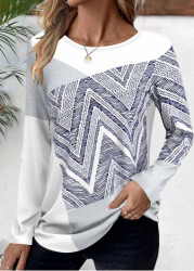 Modlily White Patchwork Geometric Print Long Sleeve T Shirt - M