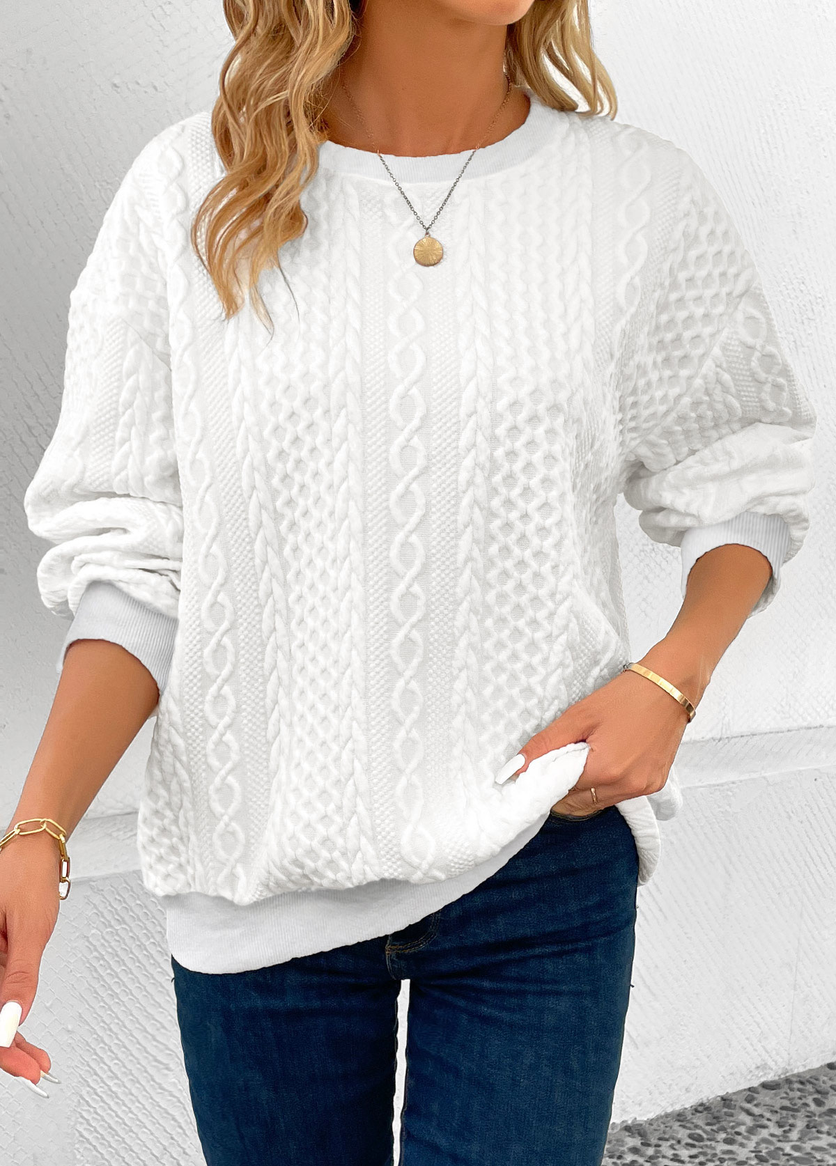 Modlily White Patchwork Long Sleeve Round Neck Sweatshirt - S