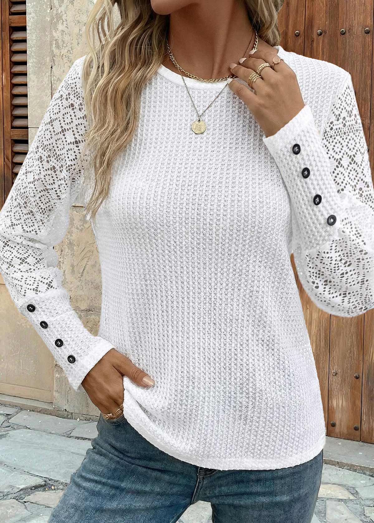 Modlily White Patchwork Long Sleeve Round Neck T Shirt - S