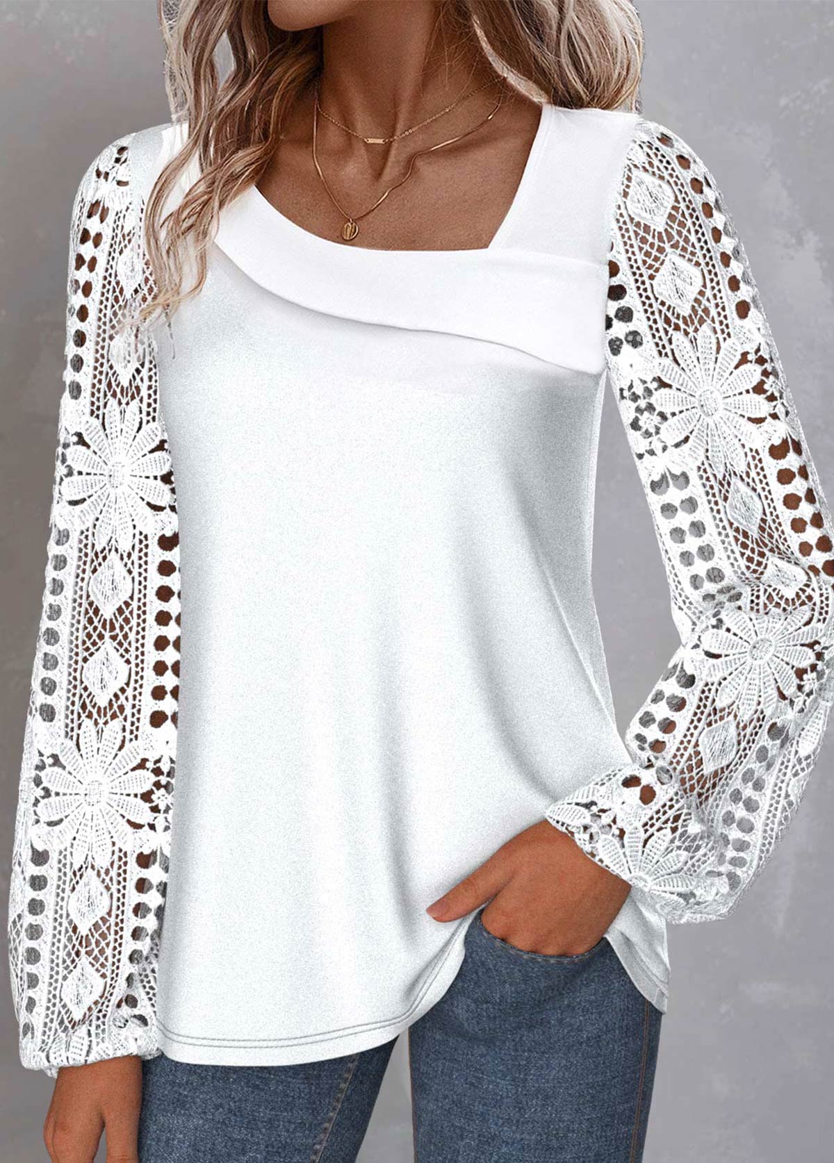 Modlily White Patchwork Plus Size Long Sleeve Asymmetrical Neck Blouse - 1X
