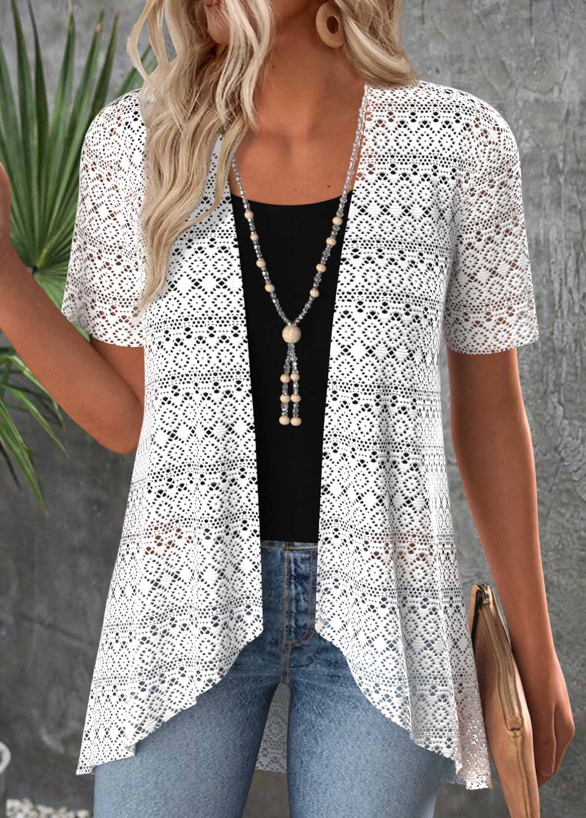 Modlily White Patchwork Short Sleeve Cardigan and Tank Top - S