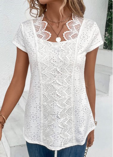 Modlily White Patchwork Short Sleeve Scoop Neck Blouse - XXL