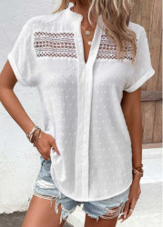 Modlily White Patchwork Short Sleeve Split Neck Blouse - M