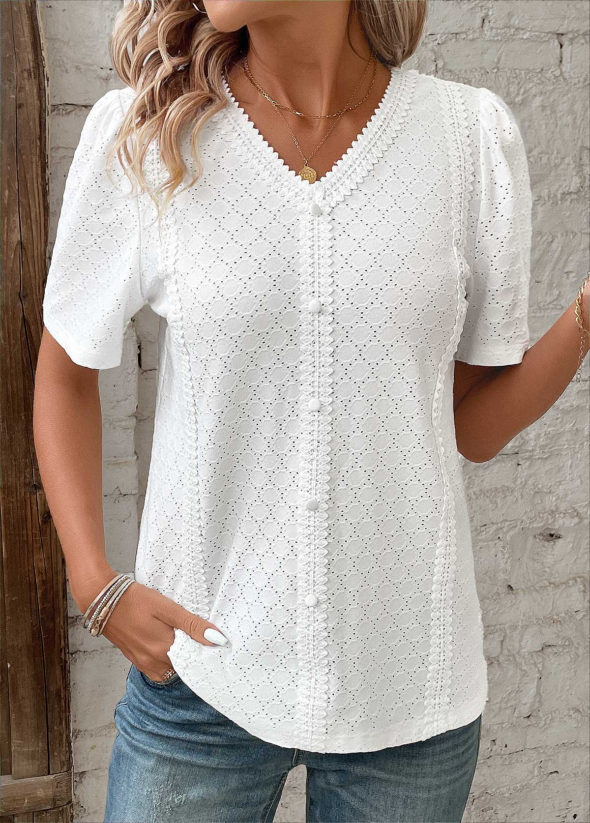 Modlily White Patchwork Short Sleeve V Neck Lace Blouse - S