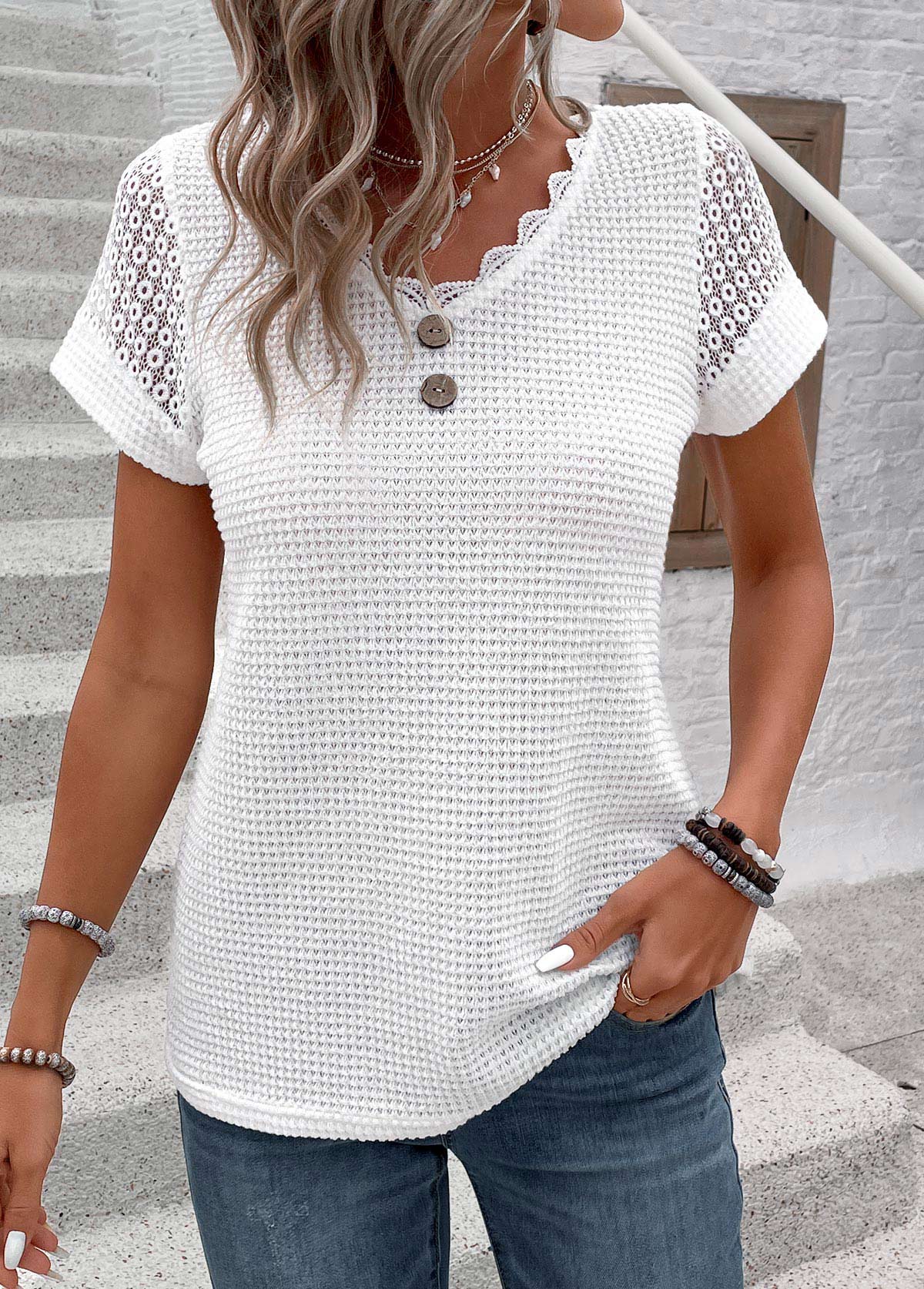 Modlily White Patchwork Short Sleeve V Neck T Shirt - XL