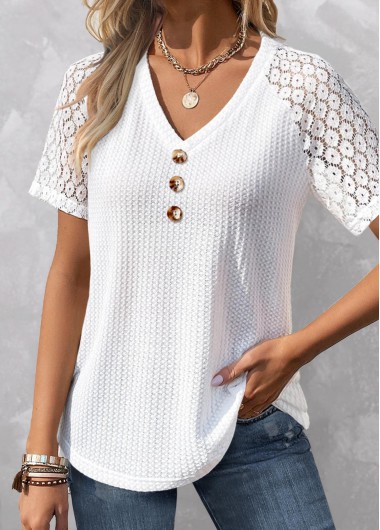 Modlily White Patchwork Short Sleeve V Neck T Shirt - XXL