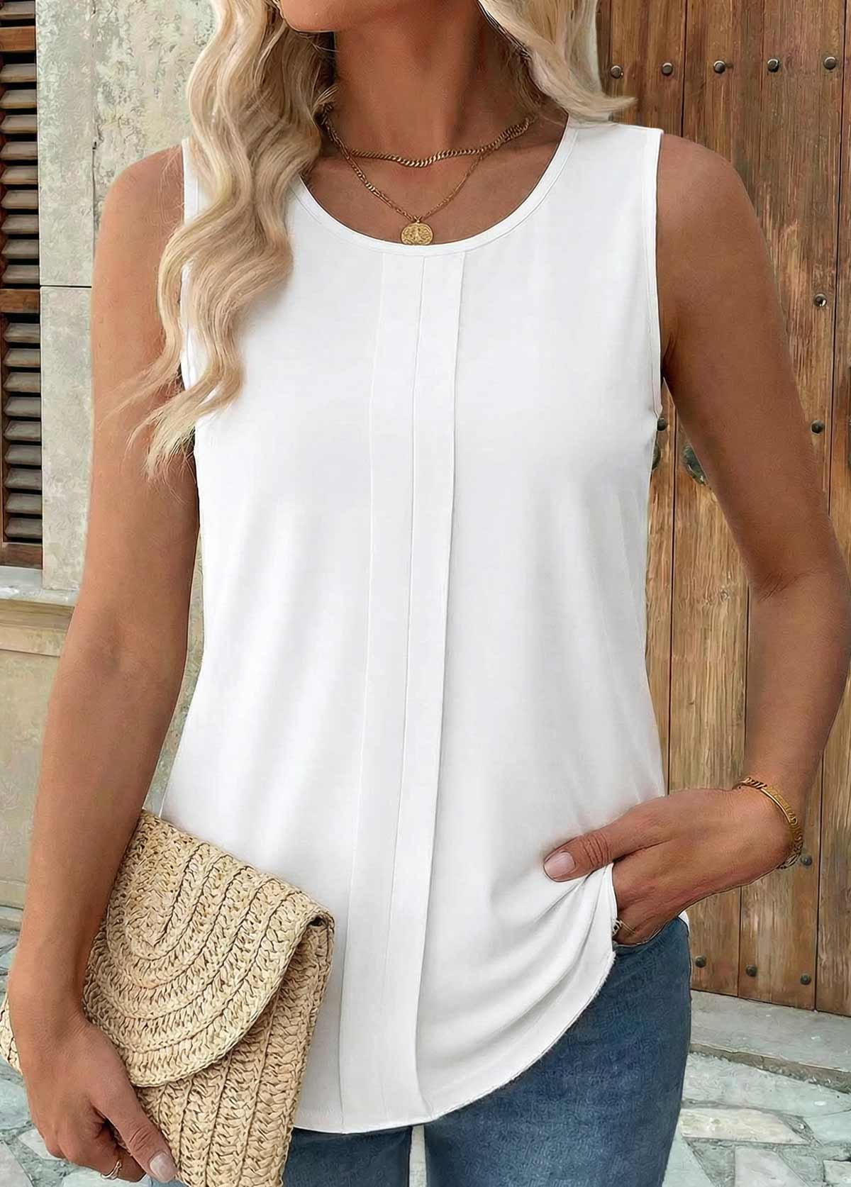 Modlily White Patchwork Sleeveless Round Neck Tank Top - S