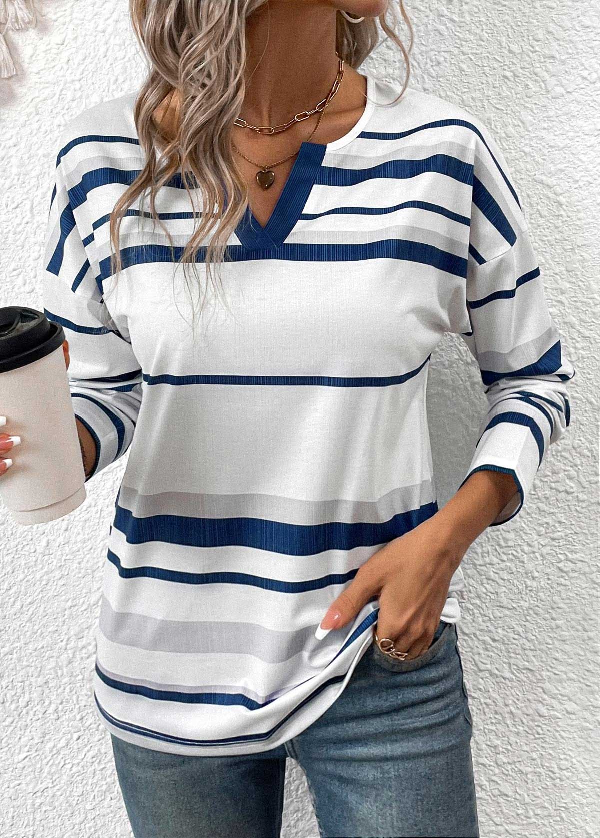 Modlily White Patchwork Striped Long Sleeve Split Neck T Shirt - L