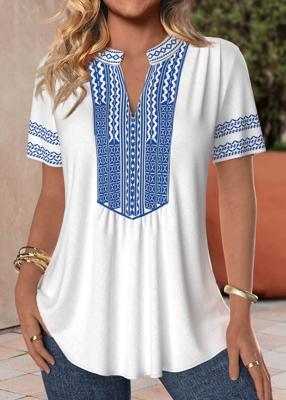Modlily White Patchwork Tribal Print Short Sleeve Split Neck Blouse - L