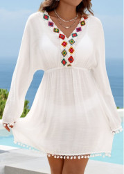 Modlily White Patchwork V Neck Cover Up - S