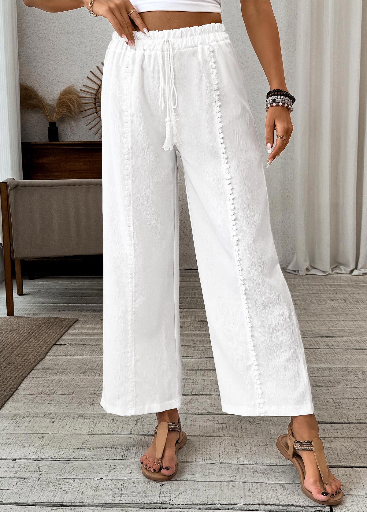 Modlily White Patchwork Wide Leg Elastic Waist High Waisted Pants - XL