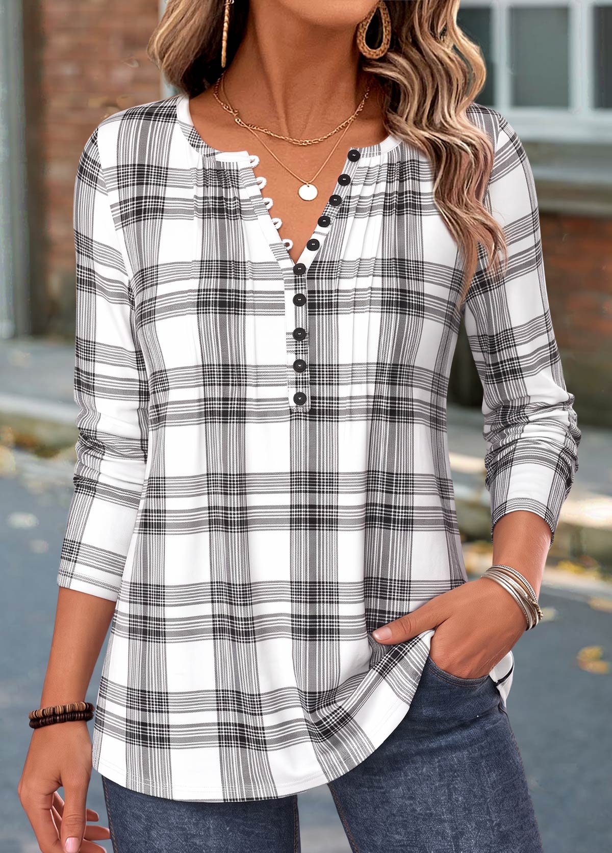 Modlily White Plaid Curved Hem Long Sleeve T Shirt - M