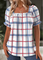 Modlily White Plaid Short Sleeve Square Neck T Shirt - S