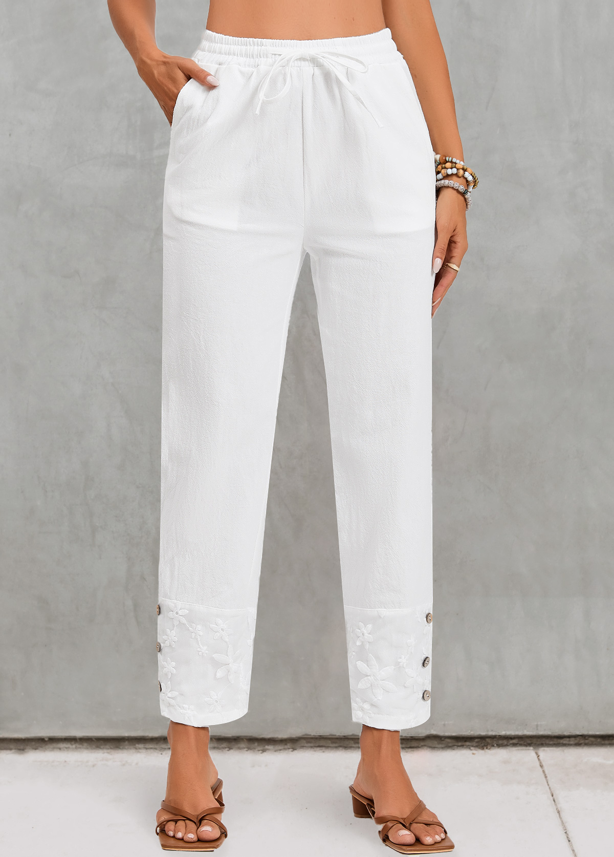 Modlily White Pocket Elastic Waist High Waisted Pants - M
