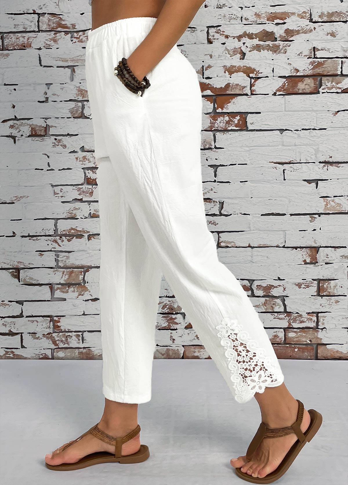 Modlily White Pocket Straight Leg Elastic Waist High Waisted Pants - M