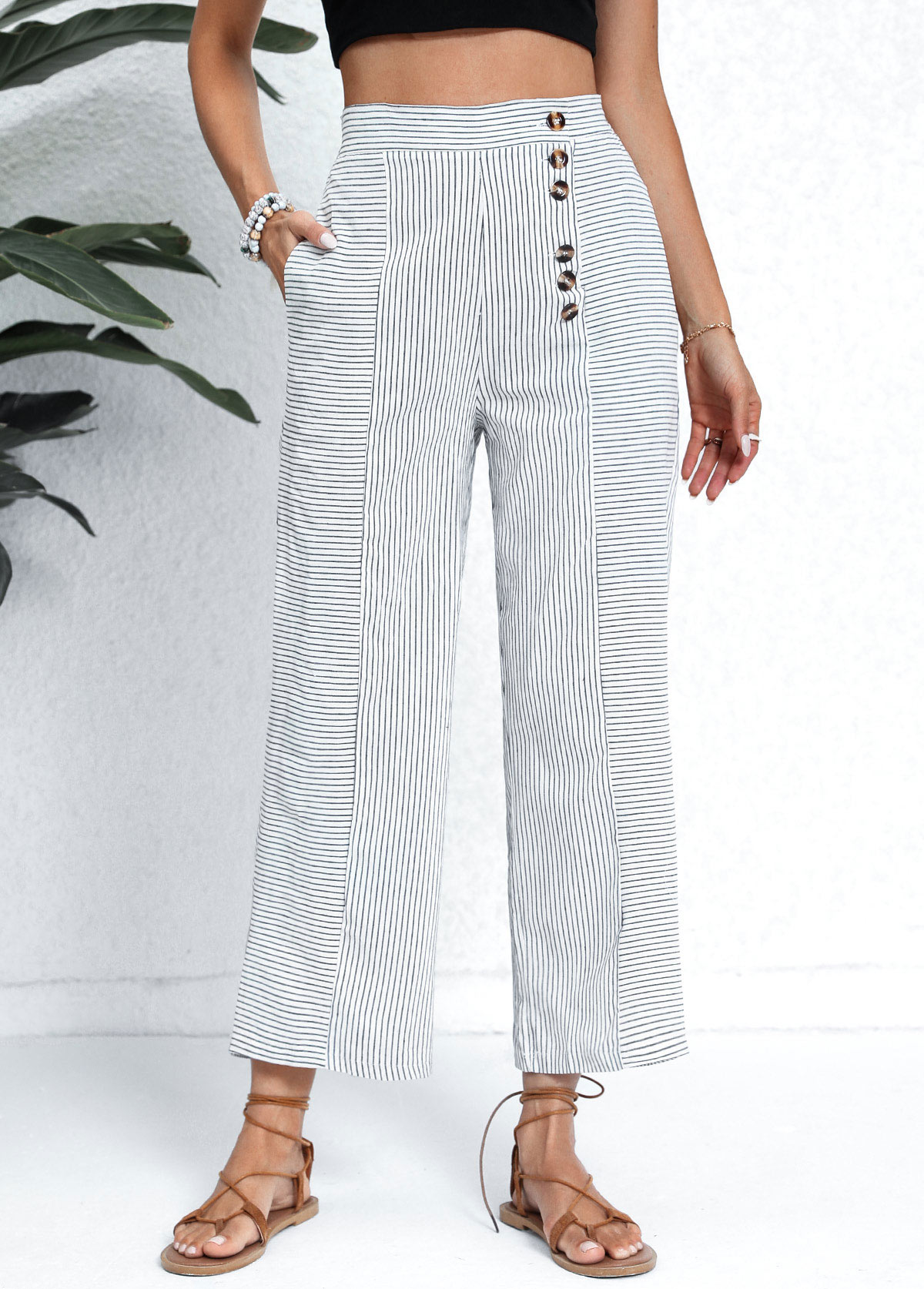 Modlily White Pocket Striped Button Fly High Waisted Pants - 4XL