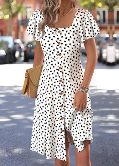 Modlily White Polka Dot Short Sleeve Square Neck Dress - S