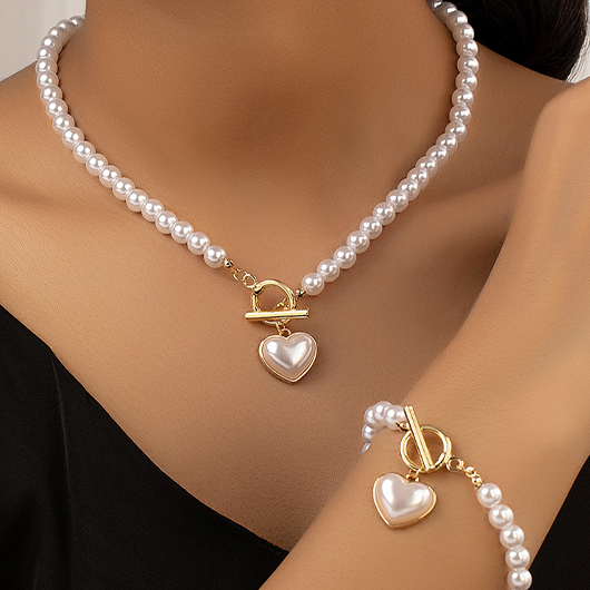 Modlily White Round Pearl Necklace and Bracelet - One Size