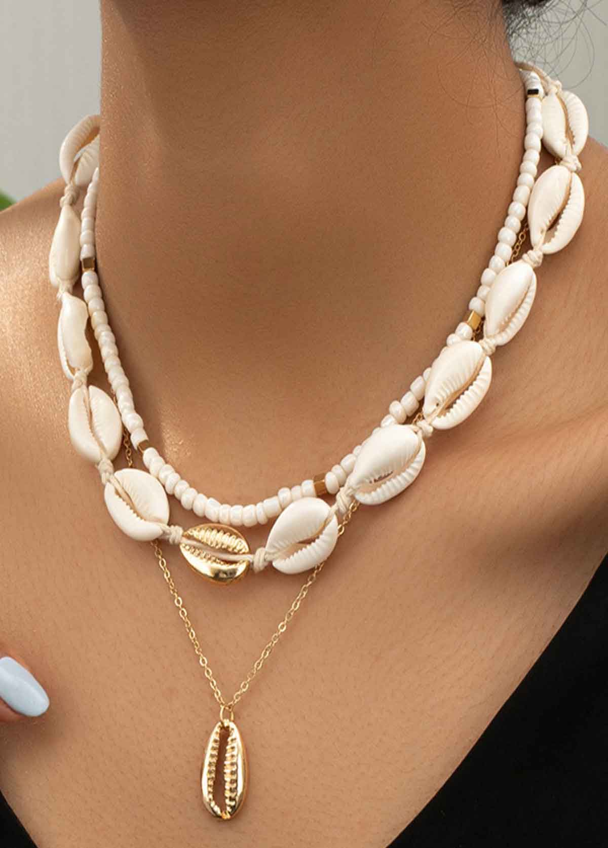 Modlily White Shell Seed Design Beads Necklace - One Size