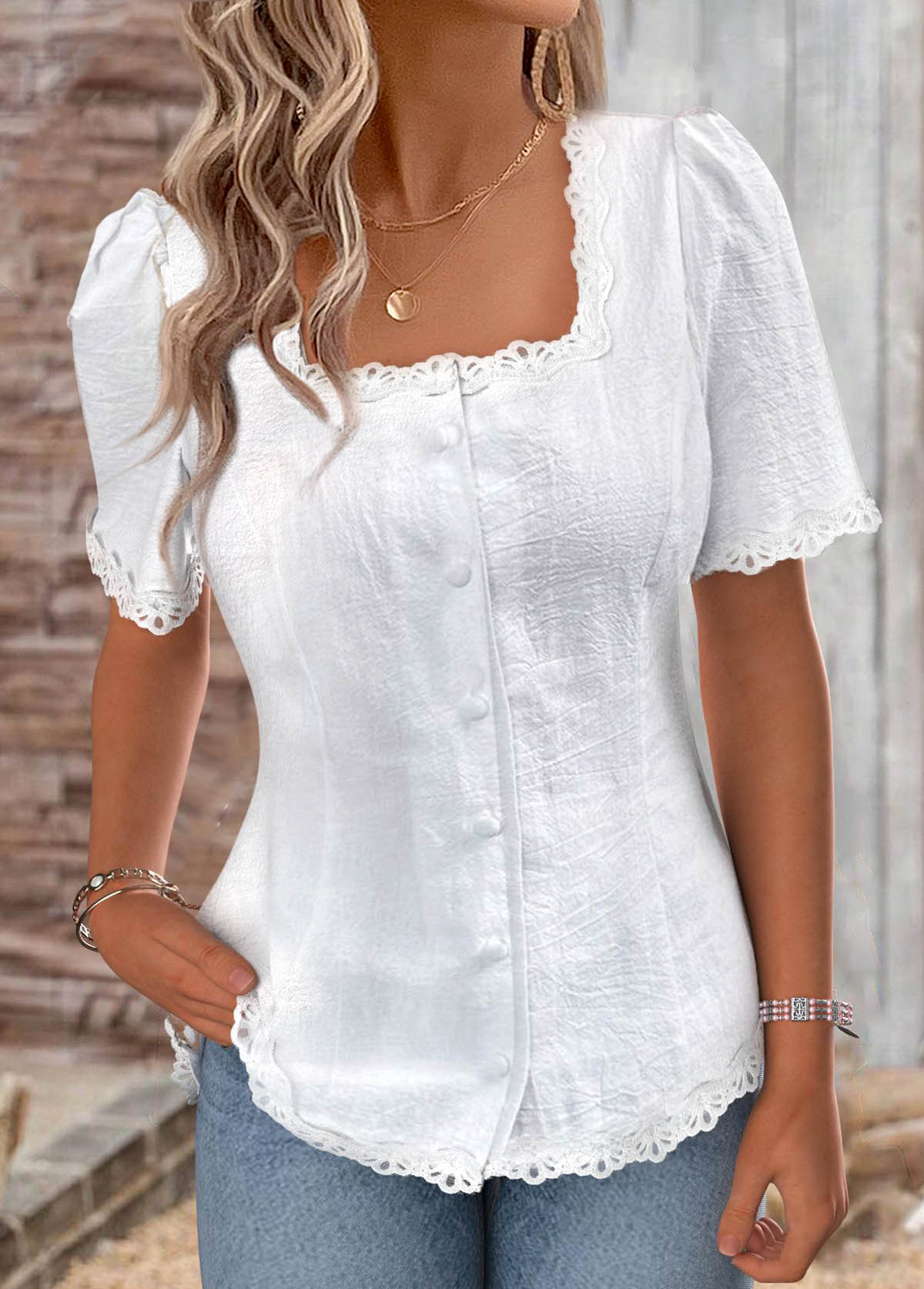 Modlily White Short Sleeve Square Neck Blouse - XL