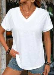 Modlily White Short Sleeve V Neck T Shirt - S