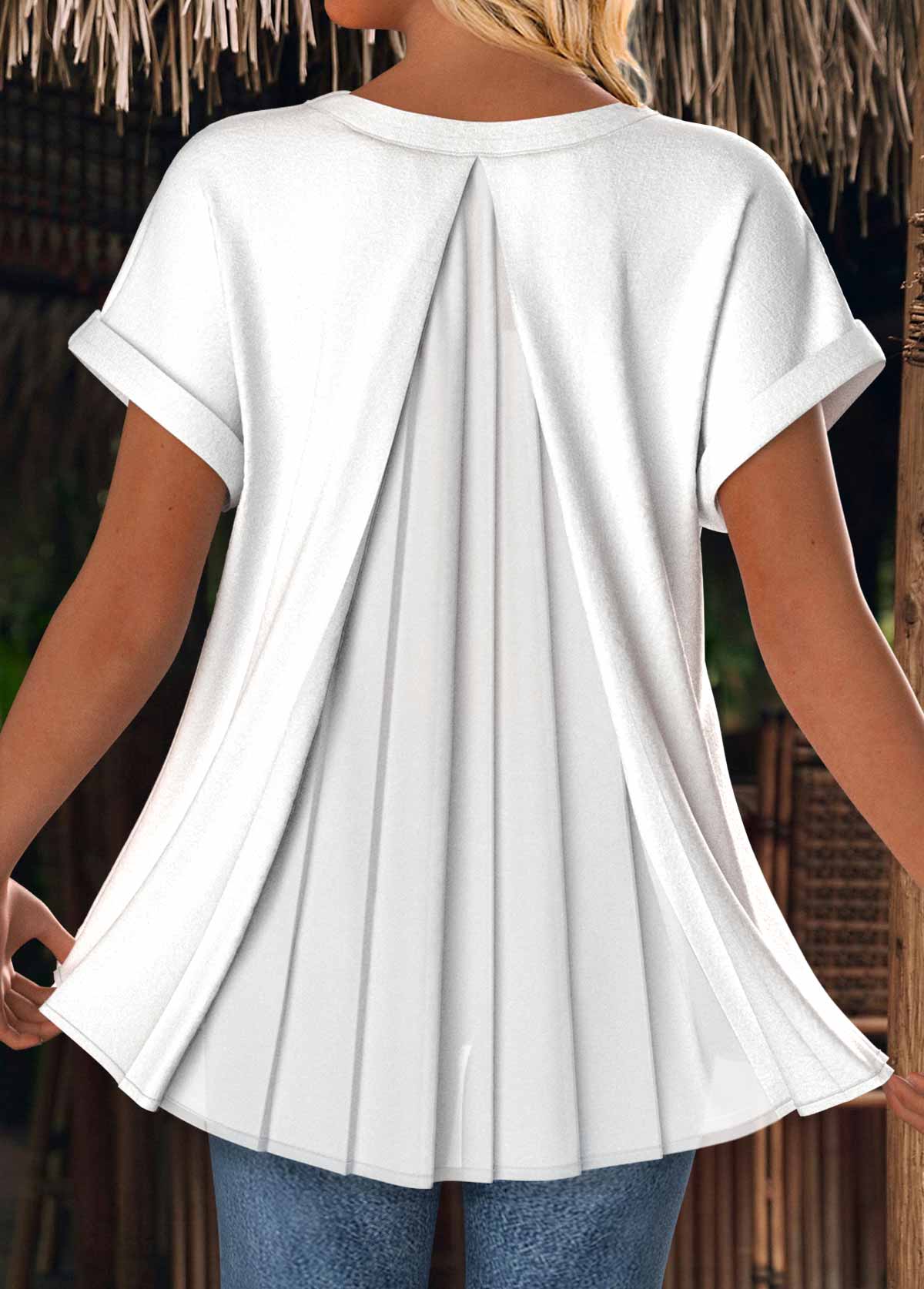 Modlily White Short Sleeve V Neck T Shirt - M