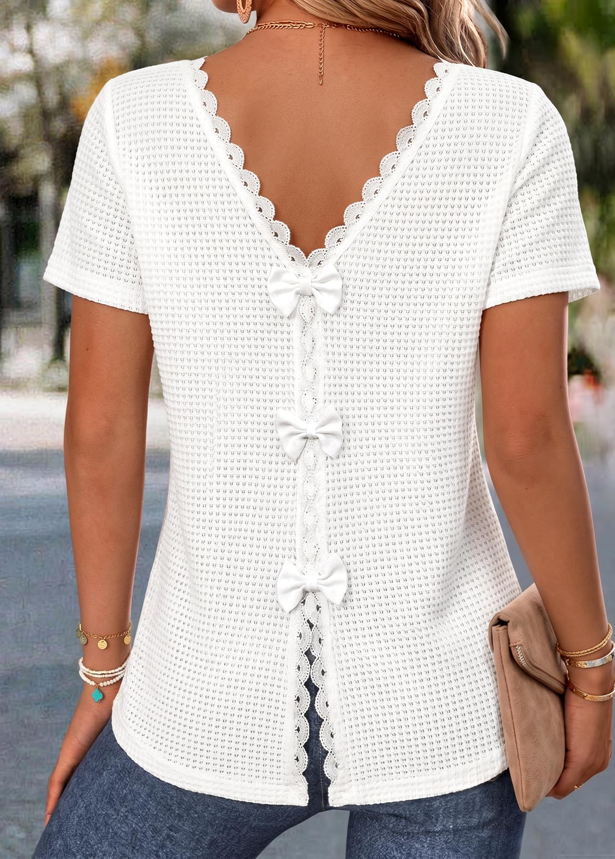 Modlily White Short Sleeve V Neck T Shirt - M