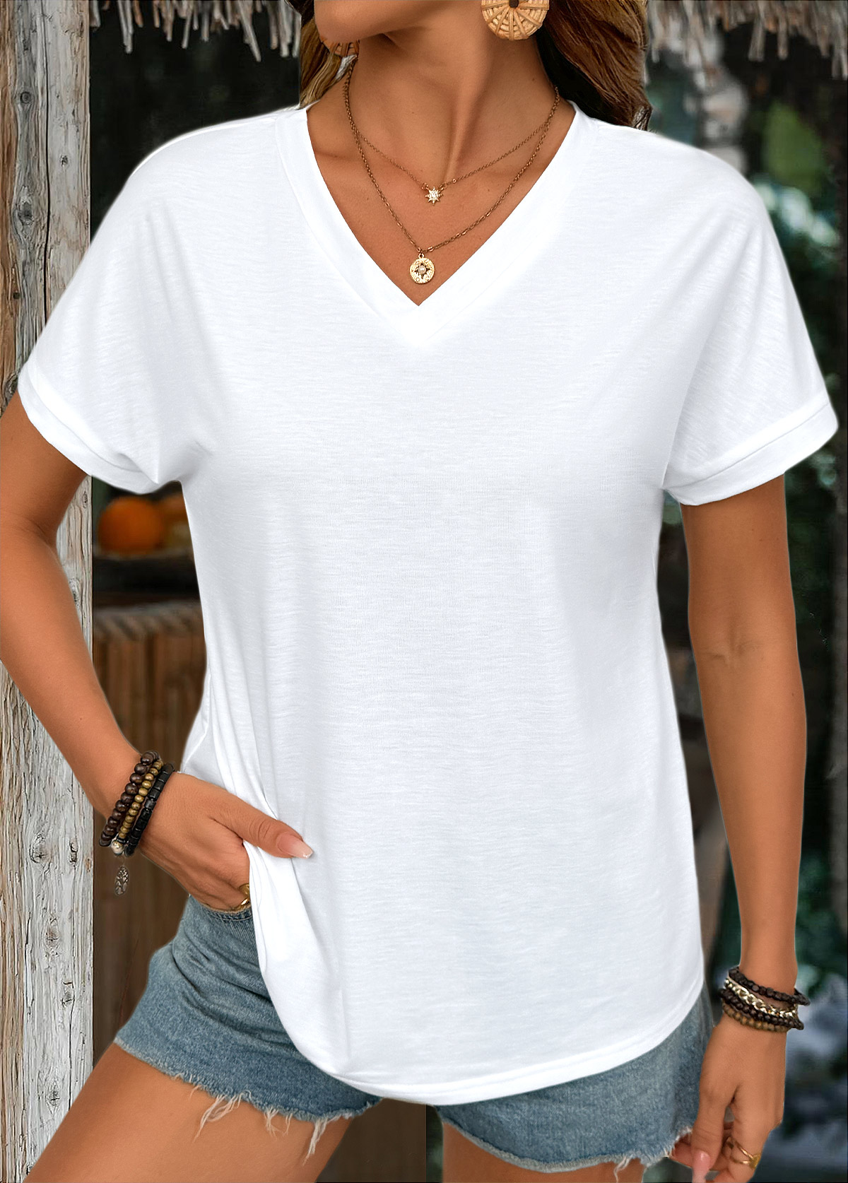 Modlily White Short Sleeve V Neck T Shirt - S