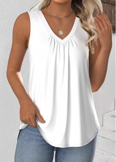 Modlily White Sleeveless V Neck Tank Top - S
