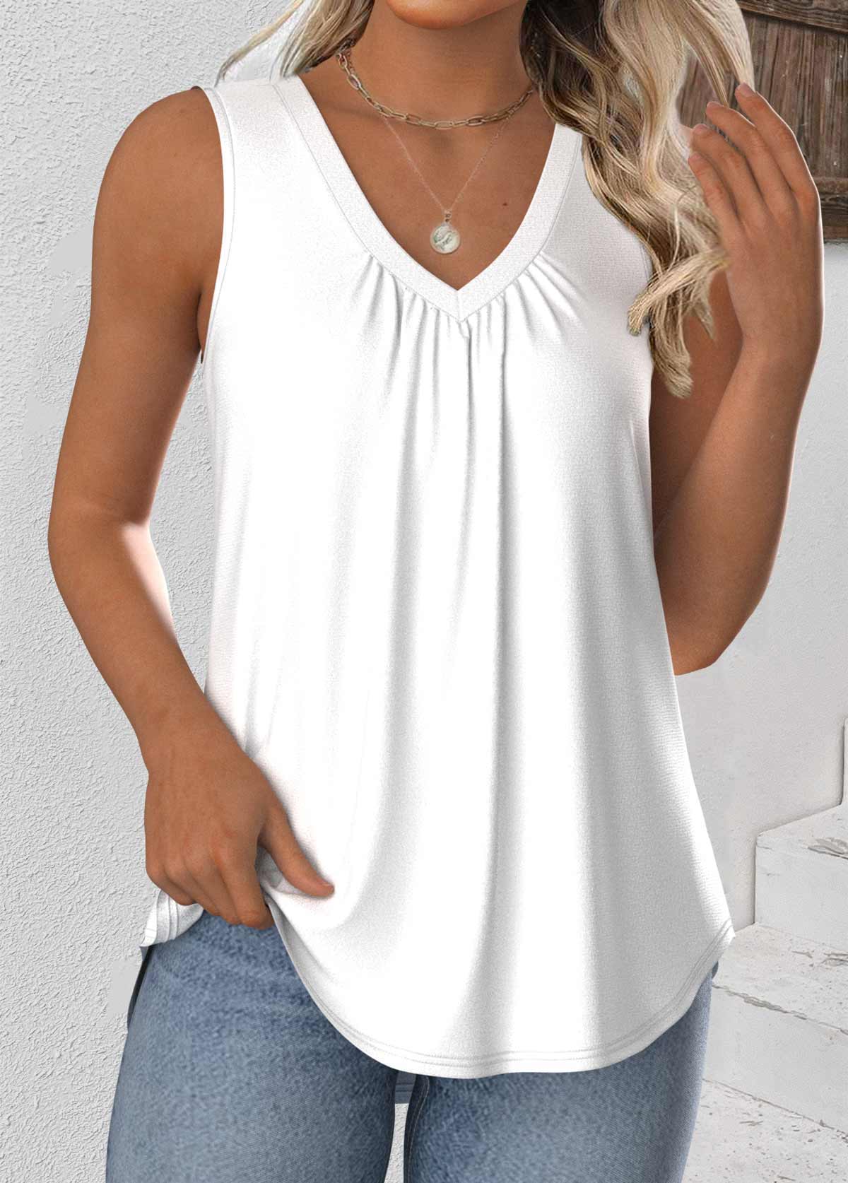 Modlily White Sleeveless V Neck Tank Top - S