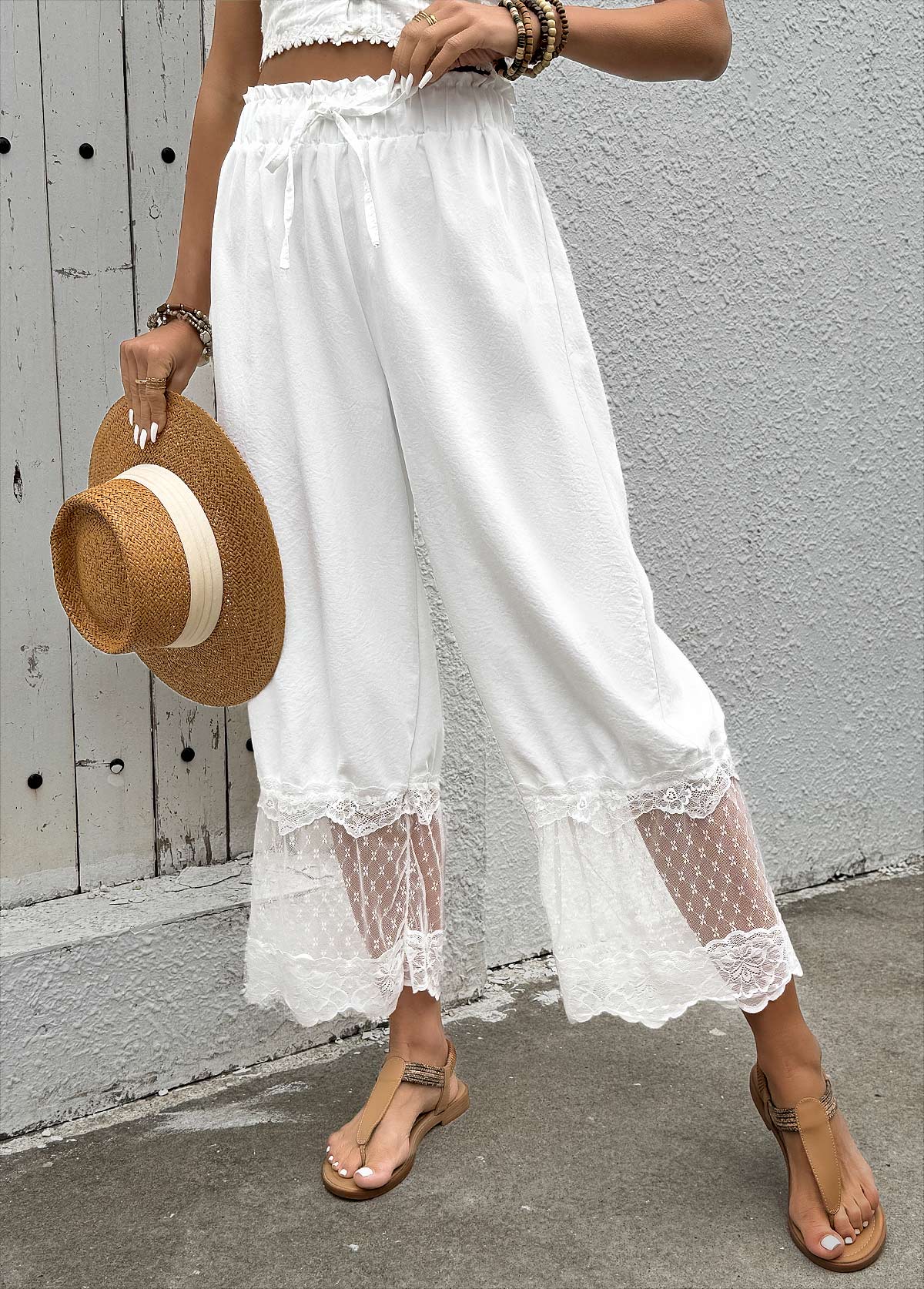 Modlily White Soft Wide Leg Elastic Waist High Waisted Pants - S