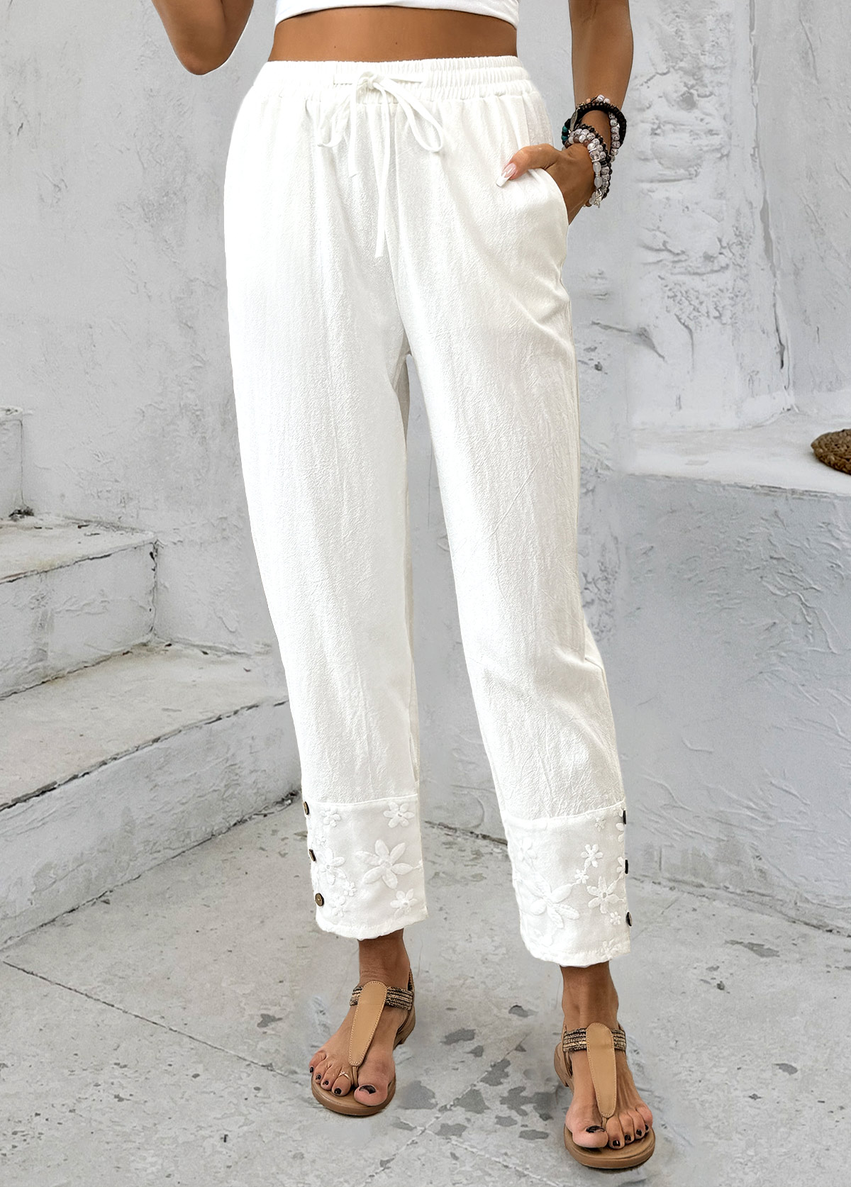 Modlily White Straight Leg Drawastring Mid Waisted Pants - 2XL