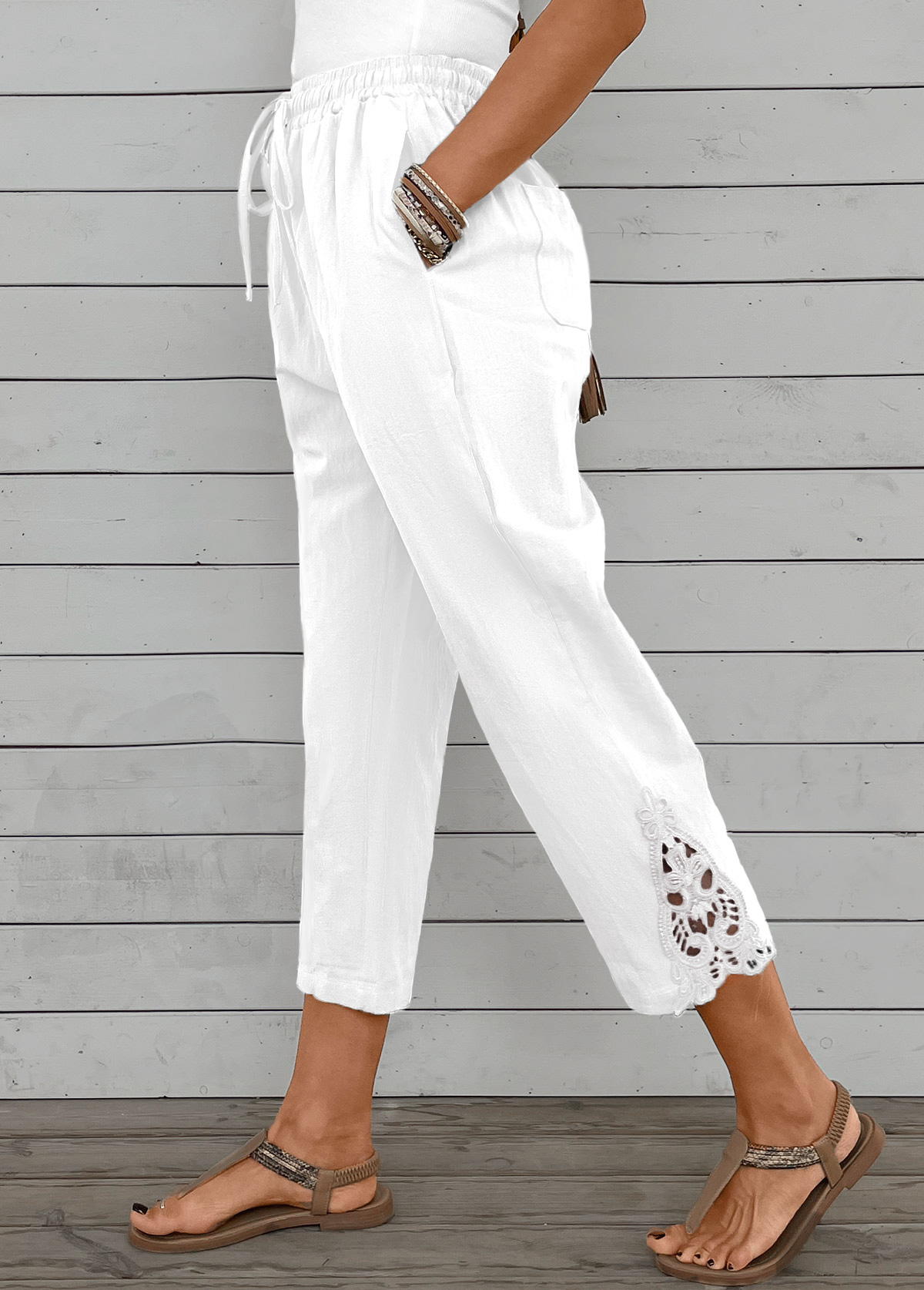 Modlily White Straight Leg Elastic Waist High Waisted Pants - S