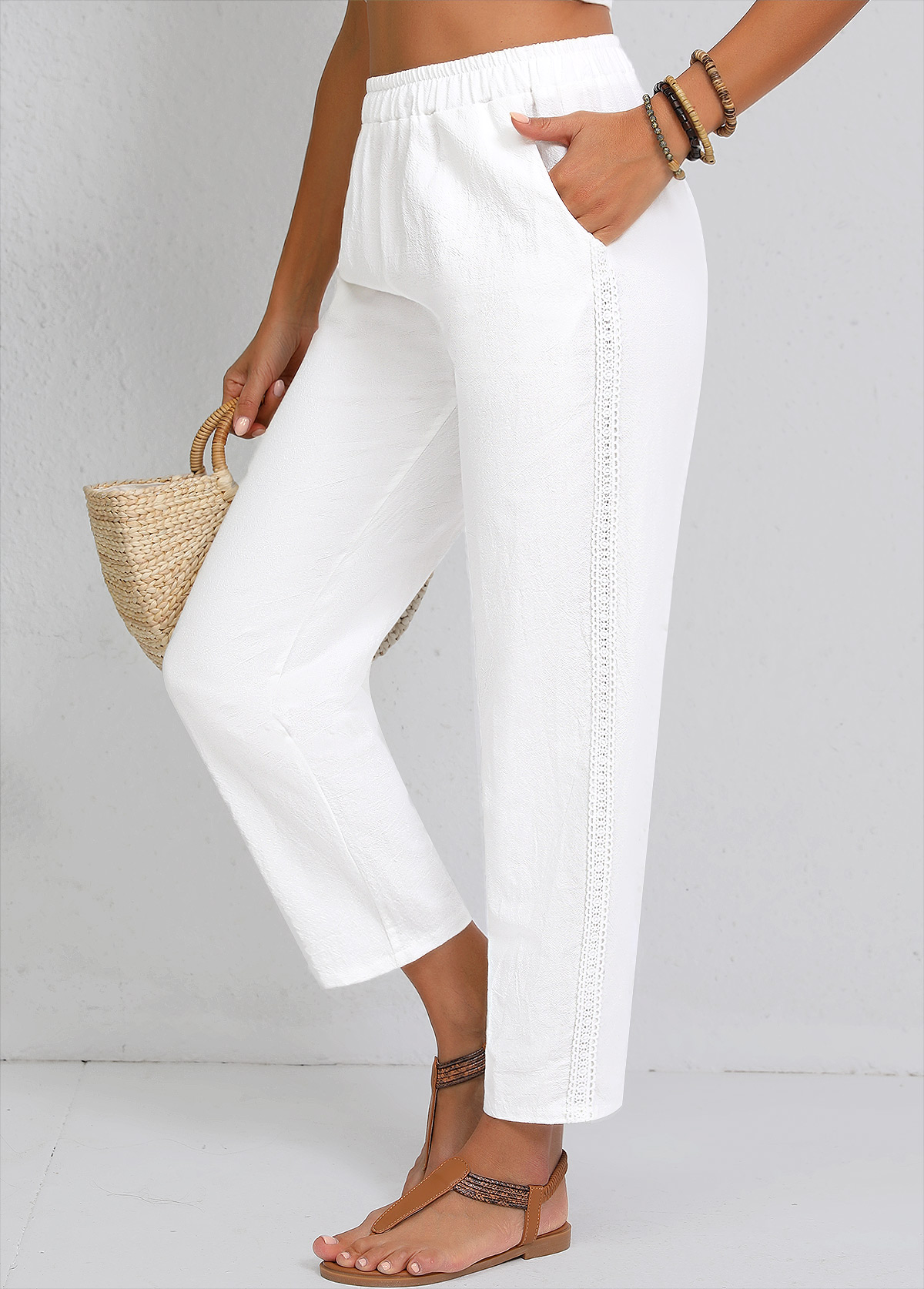 Modlily White Straight Leg Elastic Waist High Waisted Pocket Pants - M