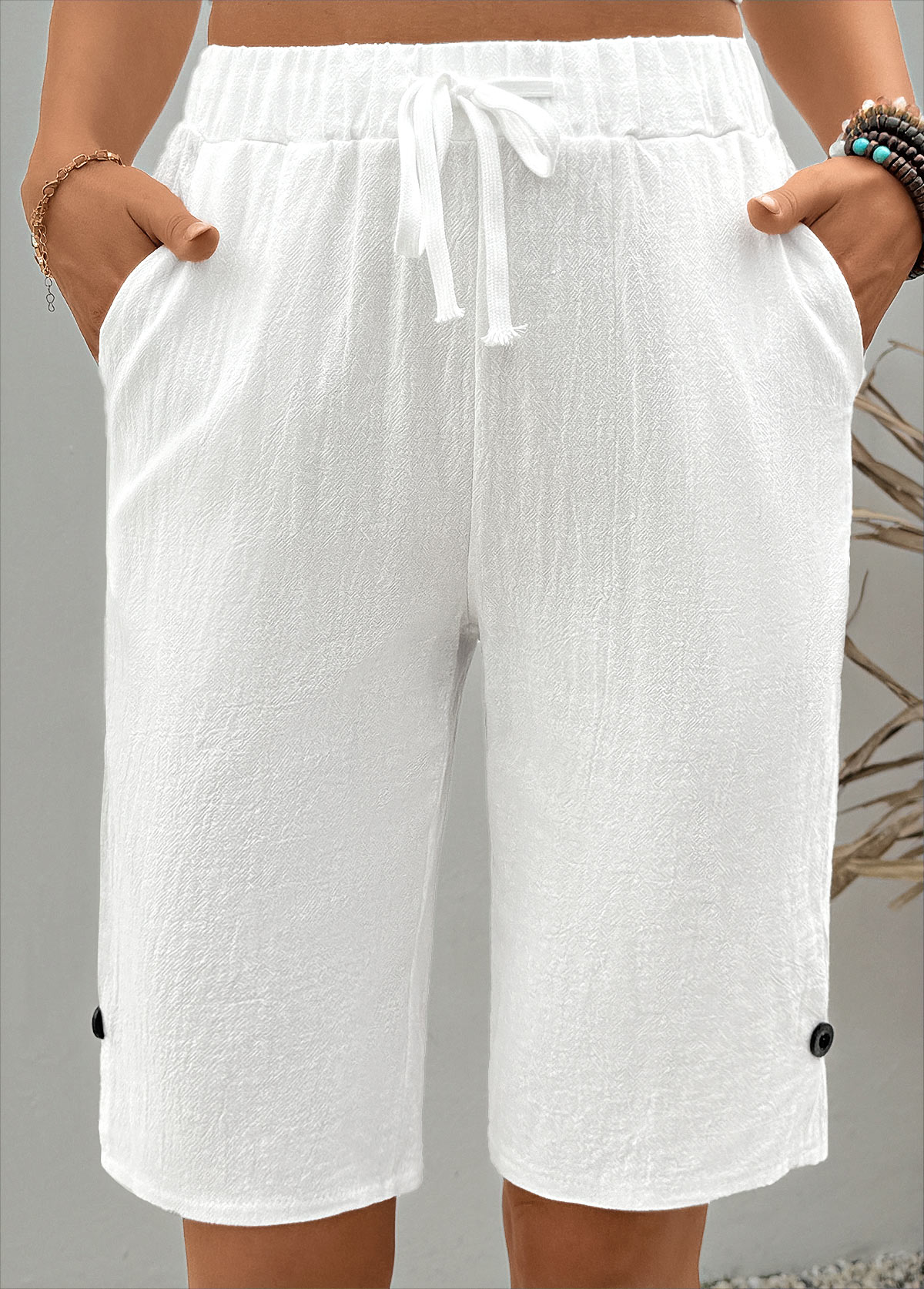 Modlily White Straight Leg Elastic Waist High Waisted Shorts - M