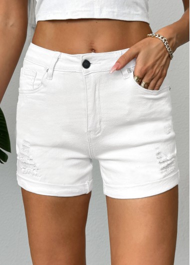 Modlily White Stretch Skinny Button Fly Mid Waisted Shorts - XL