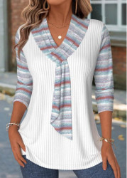 Modlily White Striped 3/4 Sleeve V Neck T Shirt - M
