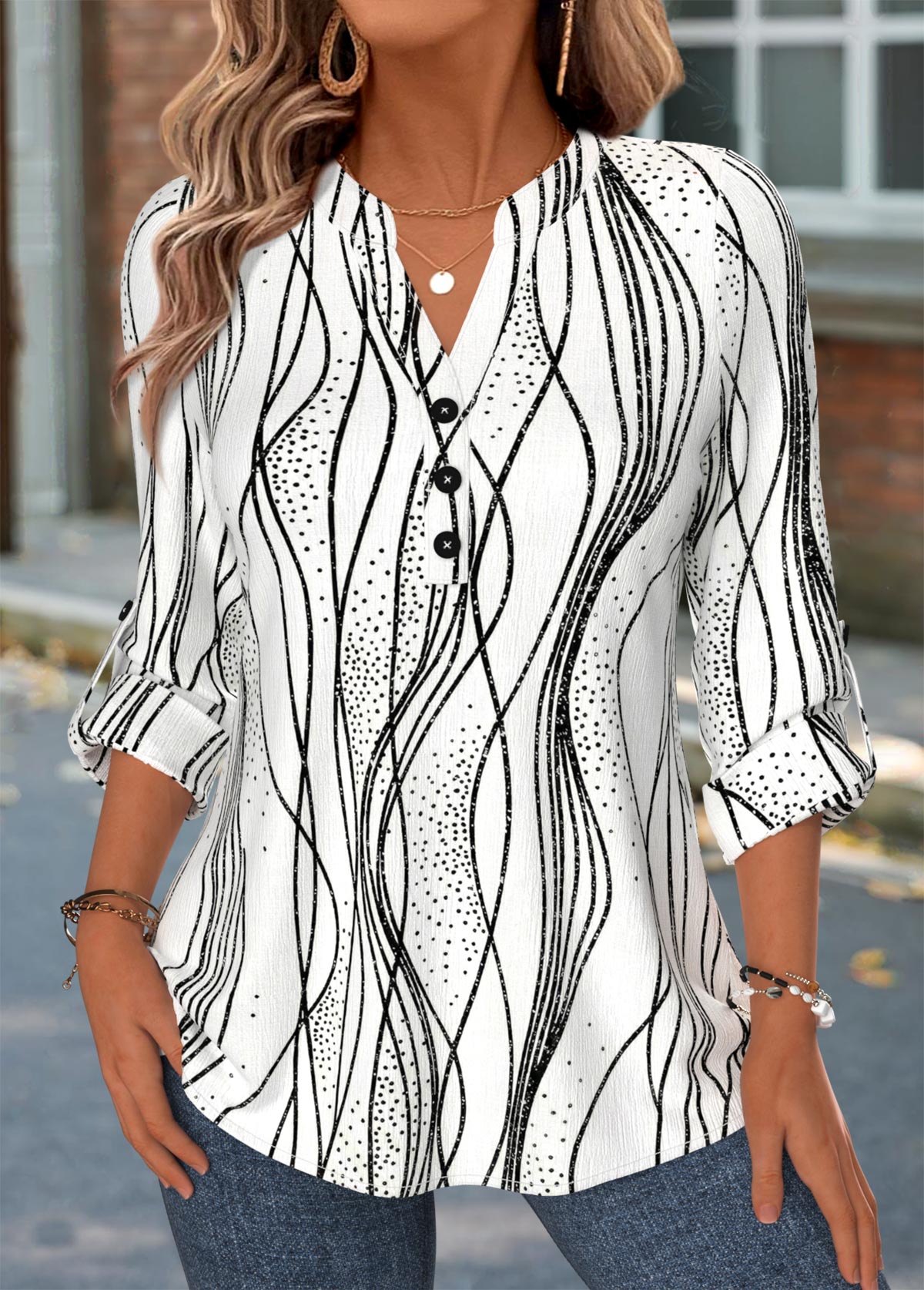 Modlily White Striped Curved Hem Long Sleeve Split Neck Shirt - S