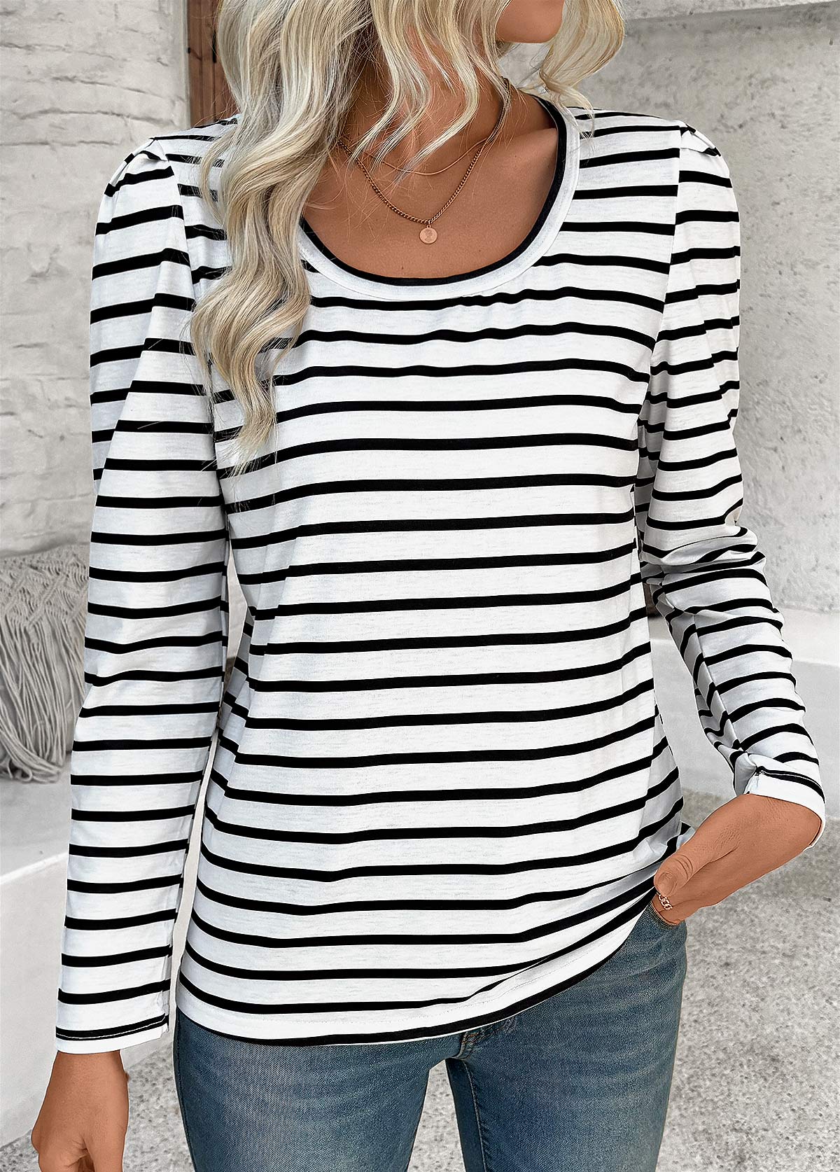 Modlily White Striped Long Sleeve Round Neck T Shirt - L
