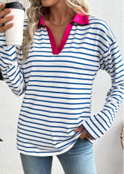 Modlily White Striped Long Sleeve Split Neck T Shirt - S