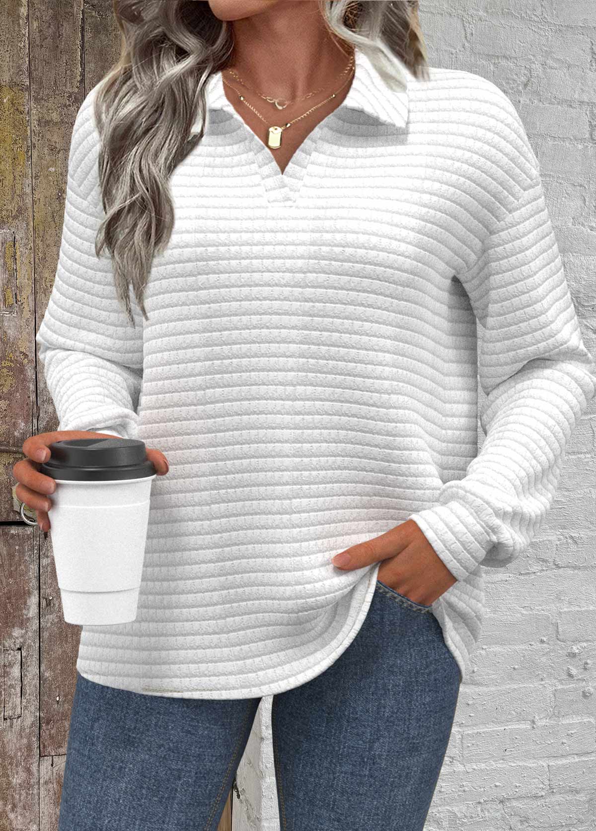 Modlily White Textured Fabric Long Sleeve Turn Down Collar Sweatshirt - M