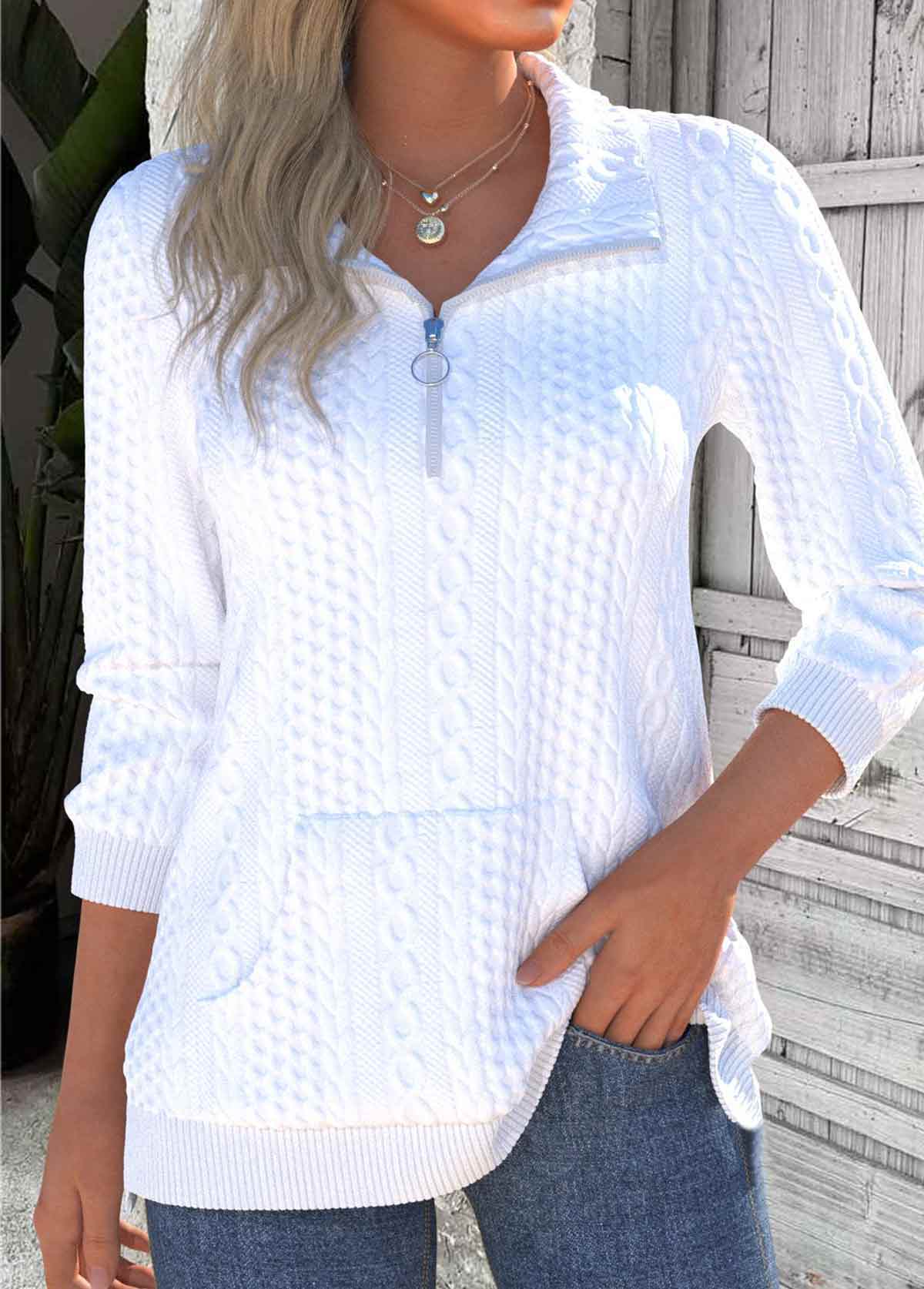 Modlily White Textured Fabric Long Sleeve Turn Down Collar Sweatshirt - XXL