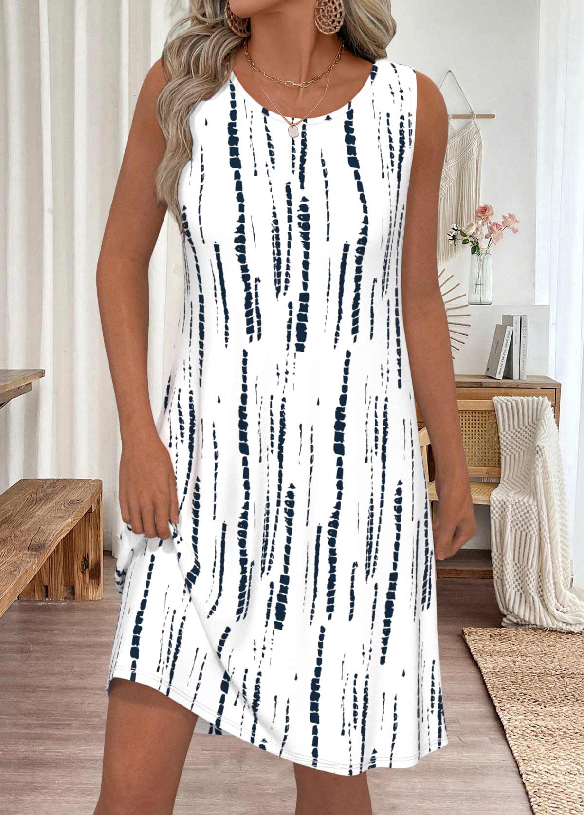 Modlily White Tie Dye Print Sleeveless Round Neck Dress - M