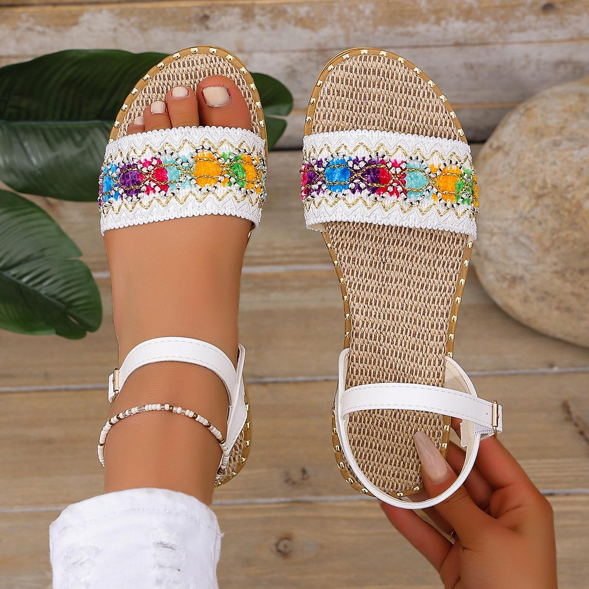 Modlily White Tribal Print Round Toe Falt Sandals - 37