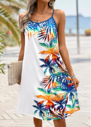 Modlily White Tropical Plants Print A Line Strappy Dress - S