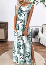 Modlily White Tropical Plants Print Maxi A Line Dress - L
